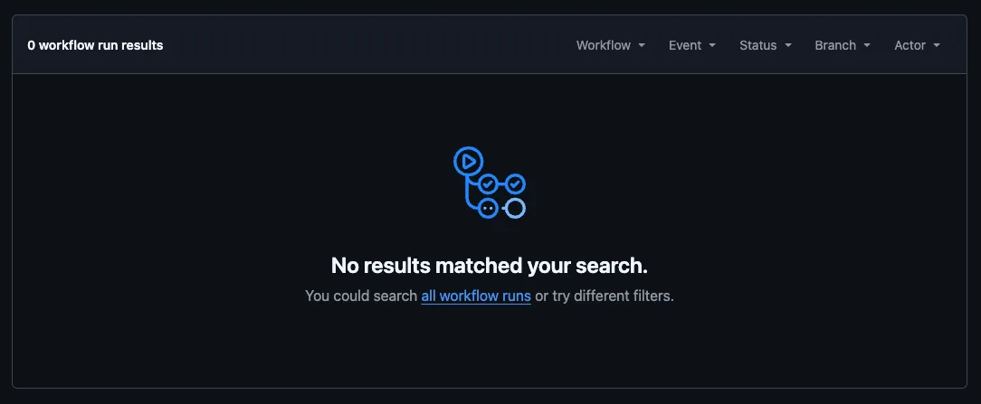 GitHub Actions screen after workflow recognition with no runs yet
