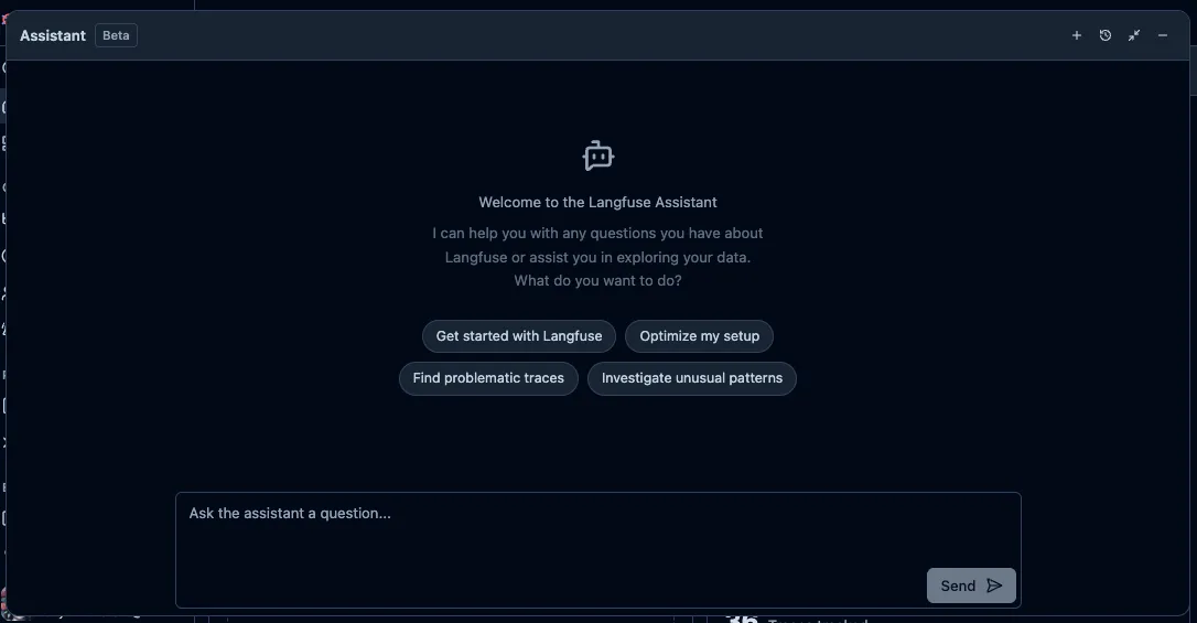 Langfuse Assistantの初期画面。Trace調査や異常パターン探索の候補と自然言語入力欄が表示される