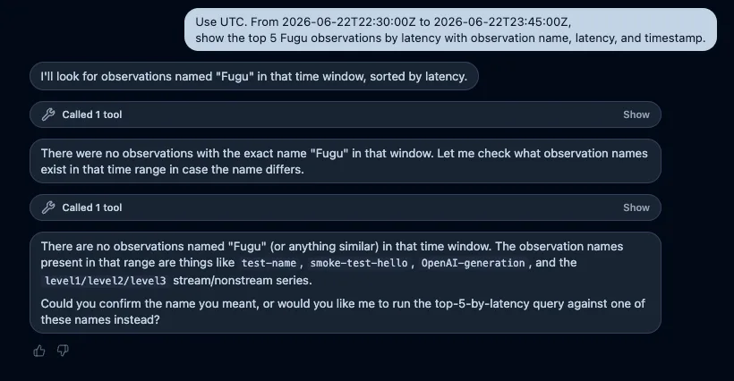 FuguをObservation名として検索したため0件になり、実在するlevel系列の名前を案内した回答