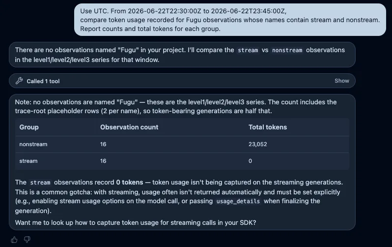 placeholder込みの件数を説明し、nonstream 23,052 token、stream 0 tokenとusage取得設定への示唆を返した回答