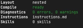 Running npm exec -- eve info shows Compile ready and Diagnostics 0 errors, 0 warnings