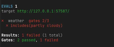 最初のEve evalで、ツール呼び出しは通ったが最終返答の文字列チェックだけ失敗した画面