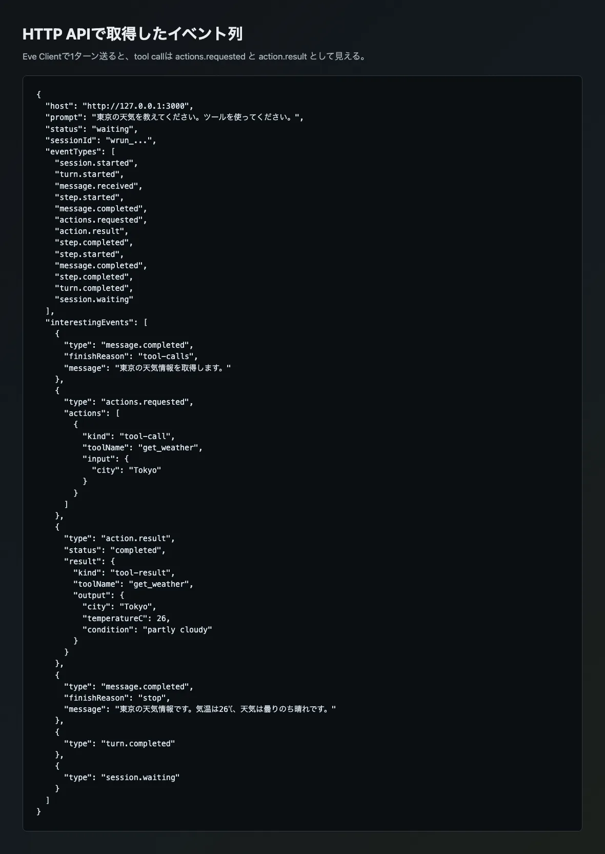 HTTP APIで取得したEveのイベント列。actions.requested、action.result、message.completedが並んでいる