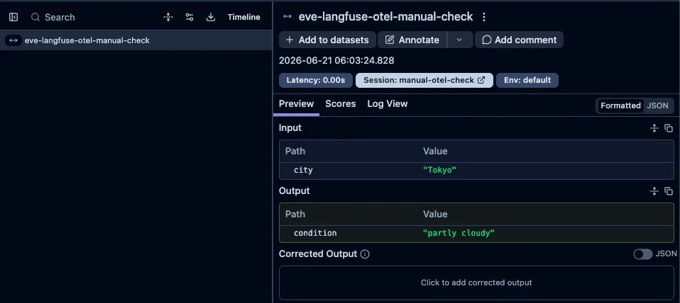 Langfuseのtrace一覧でEveの実行traceが並んでいる画面