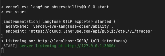 Eveサーバー起動時にLangfuse OTLP exporterが開始されたターミナル