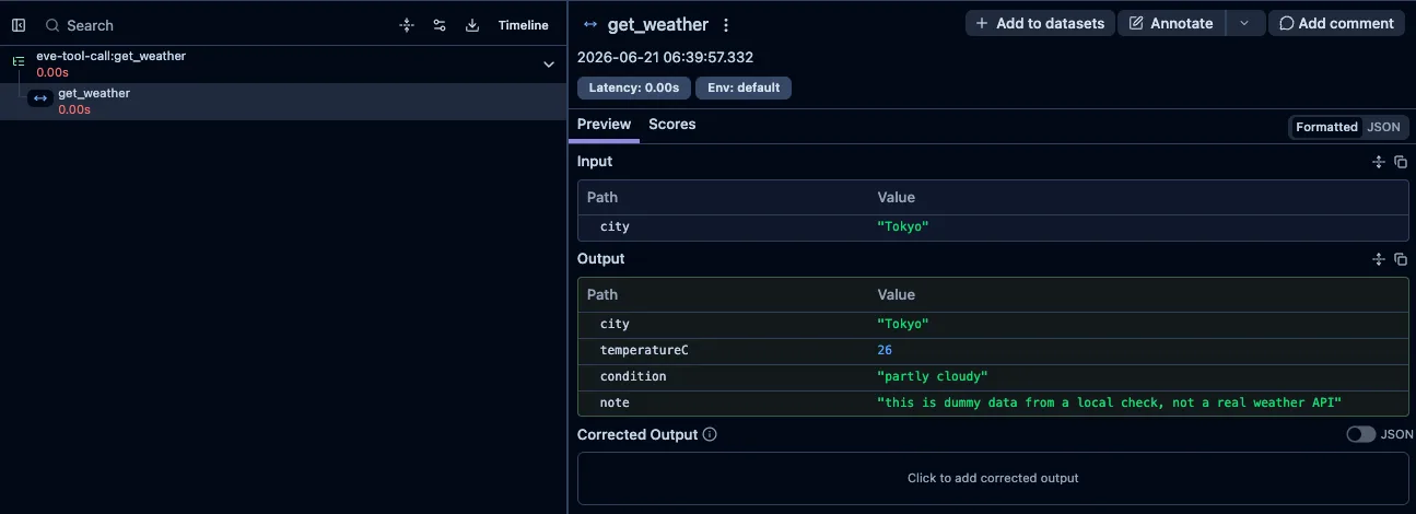 Tool側adapter方式で送ったLangfuse trace detailにget_weatherのinput/outputが表示されている画面